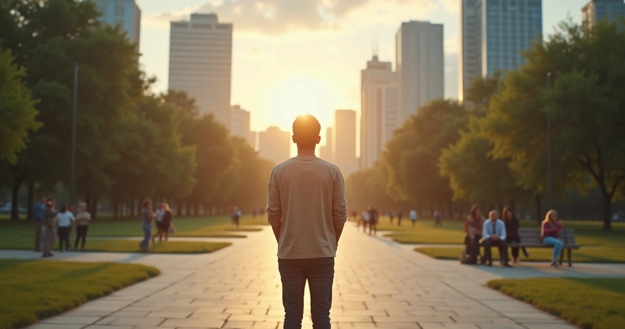 Pessoa em pé em encruzilhada urbana escolhendo direção com postura confiante 