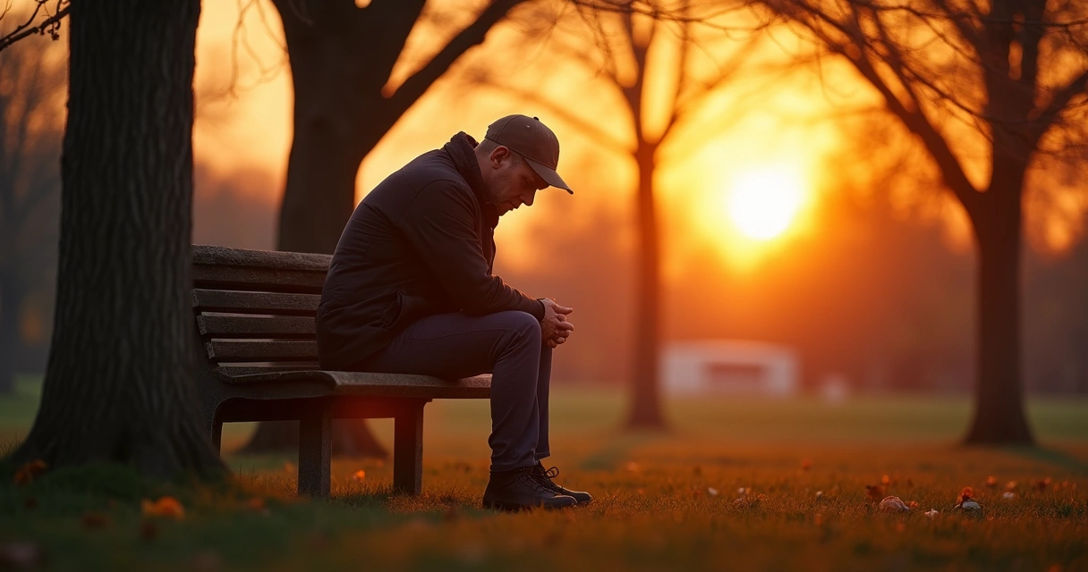 Pessoa sentada sozinha em banco, refletindo, com luz suave ao pôr do sol