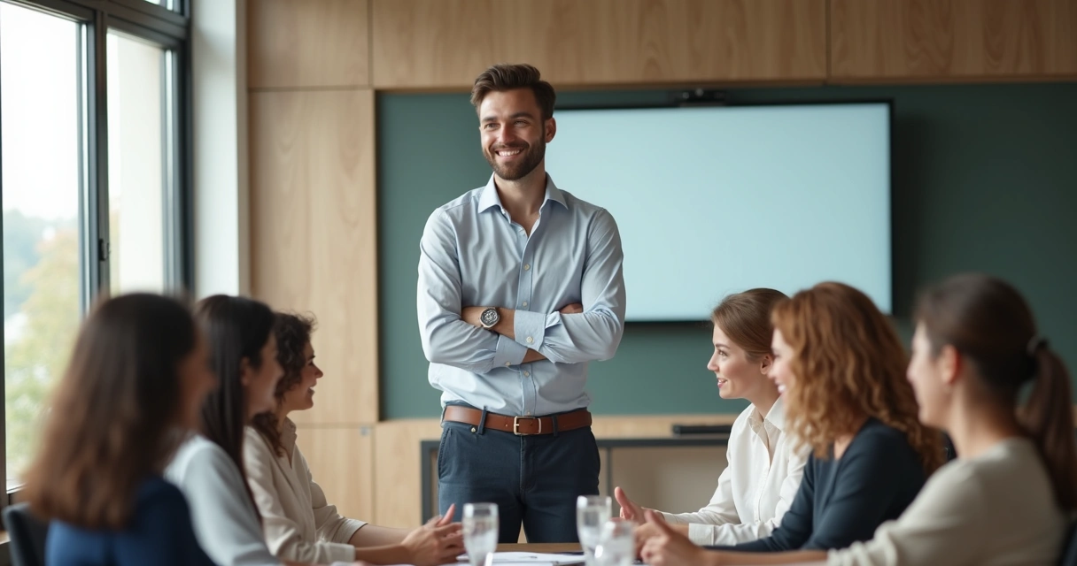 Profesional sonriente en una sala de reuniones con colegas, ambiente relajado y colaborativo 
