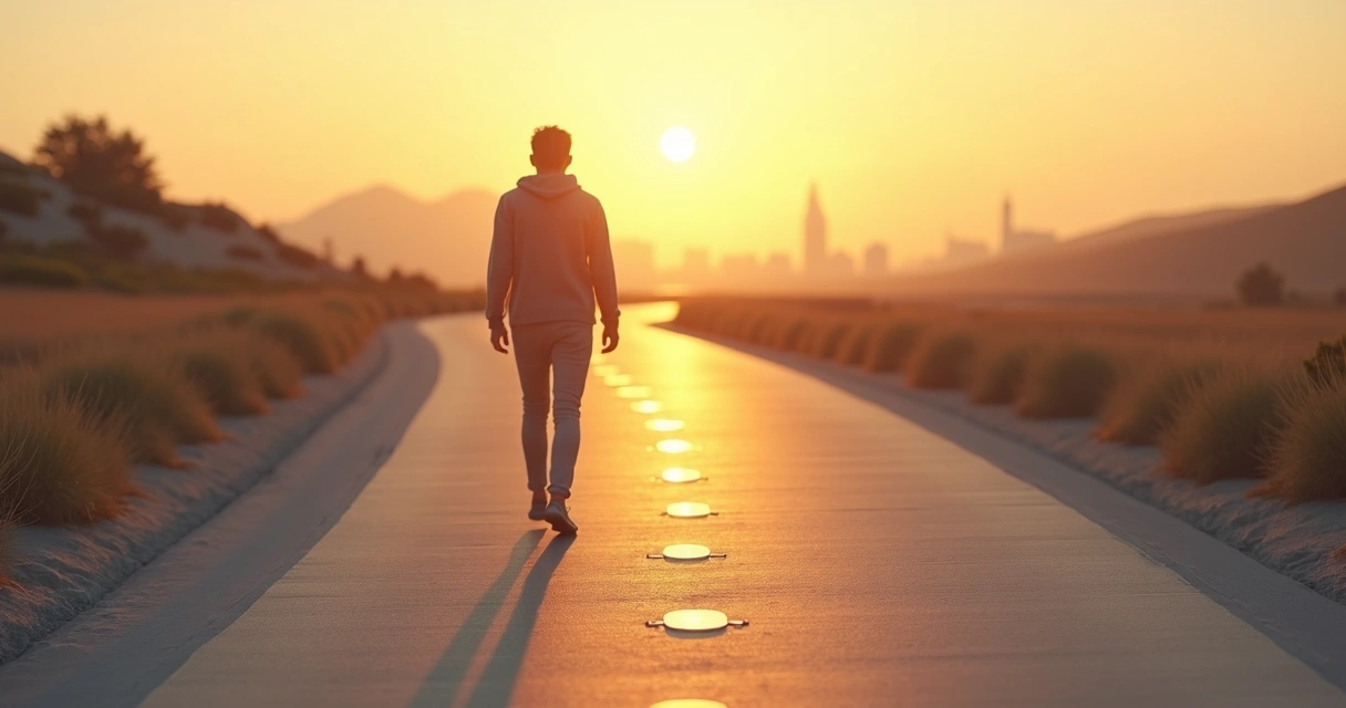 Pessoa caminhando sozinha em direção a um horizonte claro simbolizando autonomia psicológica 