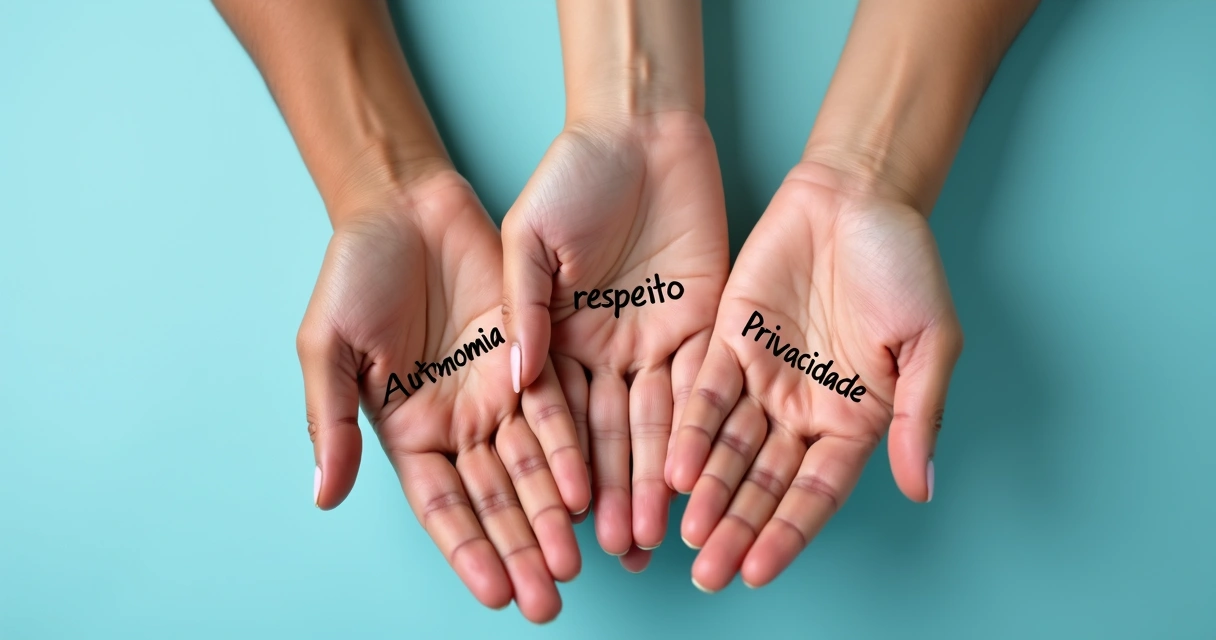 Três mãos sobrepostas, representando autonomia, respeito e privacidade, fundo suave azul 