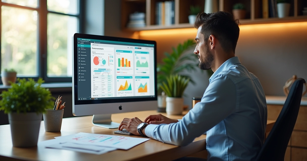 Robô humanoide digitando documento fiscal em computador moderno 