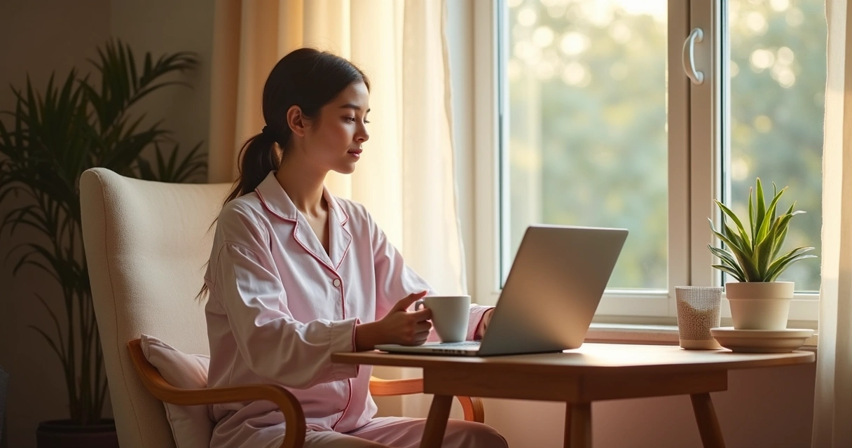 Pessoa de pijama trabalhando com notebook em casa enquanto segura xícara de café