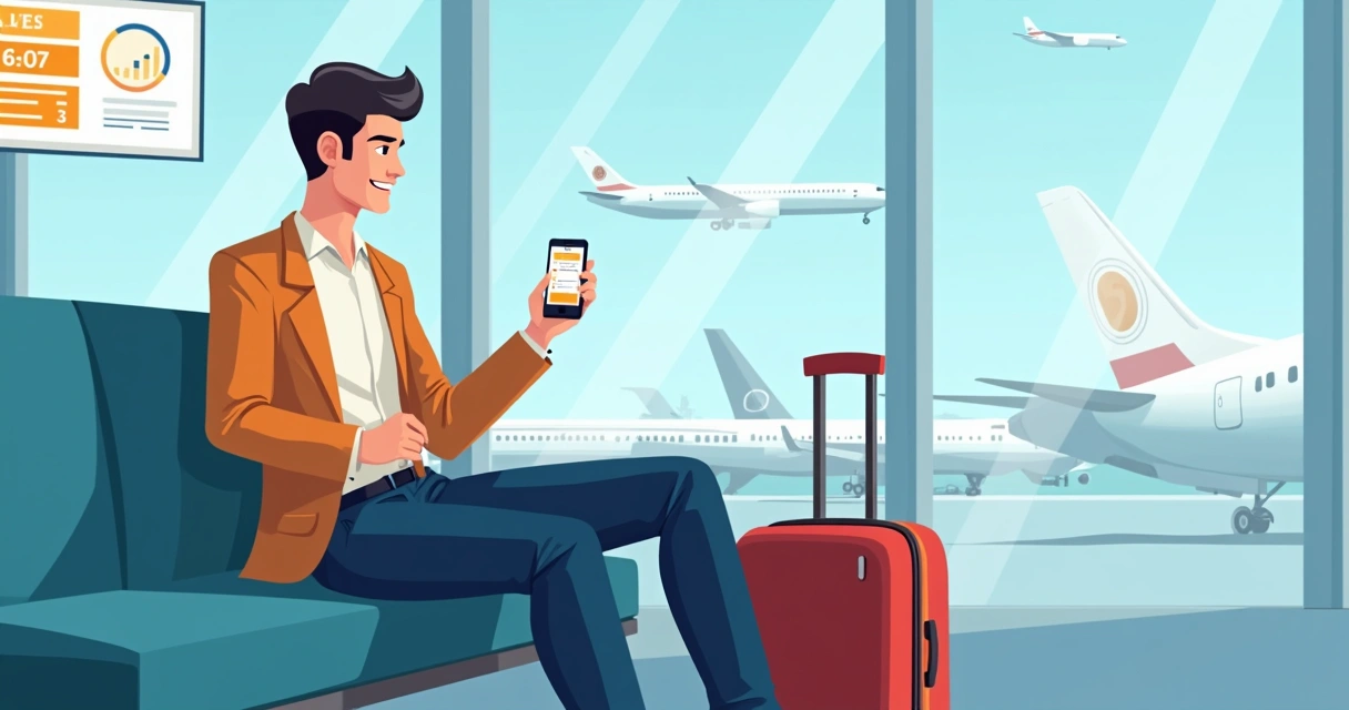 Viajante corporate usando aplicativo de viagens no aeroporto, sentado olhando o celular 