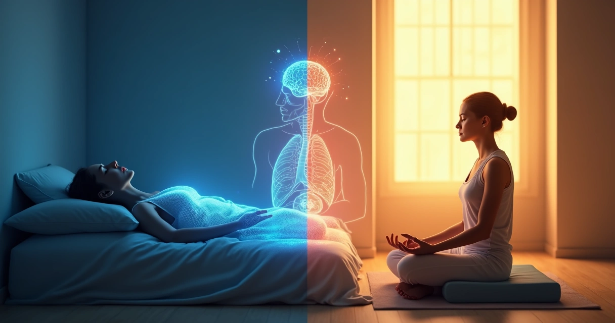 Side-by-side comparison of a relaxed person breathing naturally and consciously controlling breath 