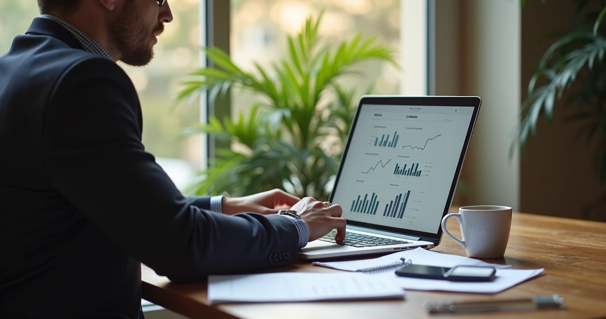 Profissional autônomo com expressão atenta analisando resultados no notebook 