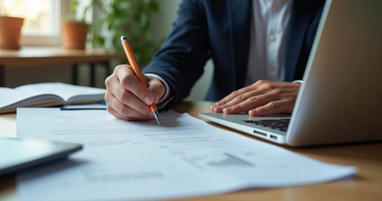 Trabalhador autônomo assinando contrato de plano de saúde em mesa com laptop e documentos 