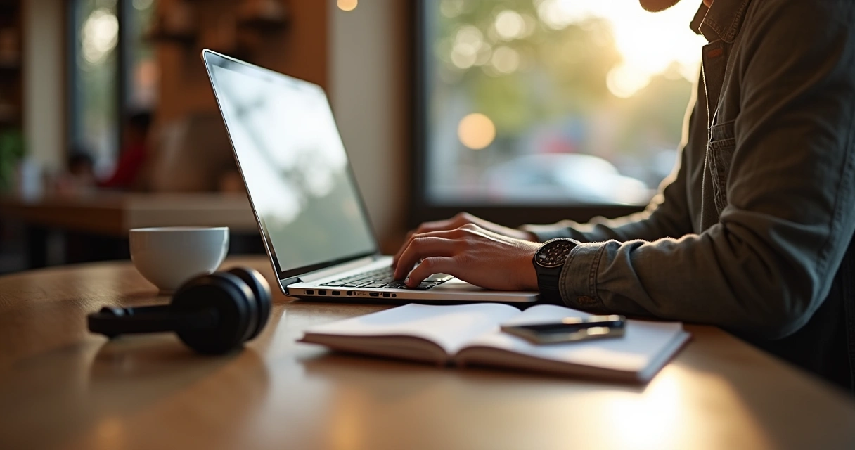 Homem digitando em laptop em cafeteria 