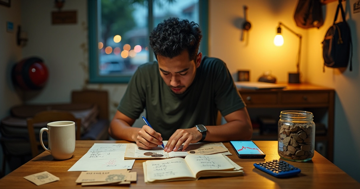 Trabalhador autônomo em casa equilibrando dinheiro e contas em uma mesa simples 