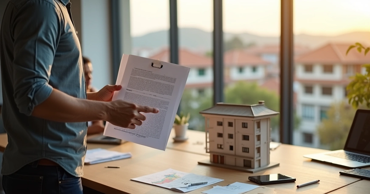 Profissional autônomo em escritório criativo avaliando maquete de imóvel e contrato de financiamento 