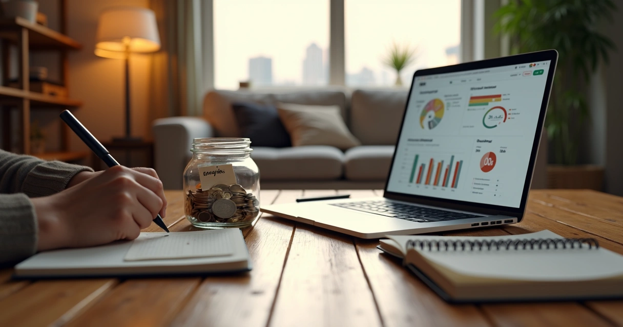 Profissional autônomo organizando fundo de emergência em mesa com notebook e cofre 