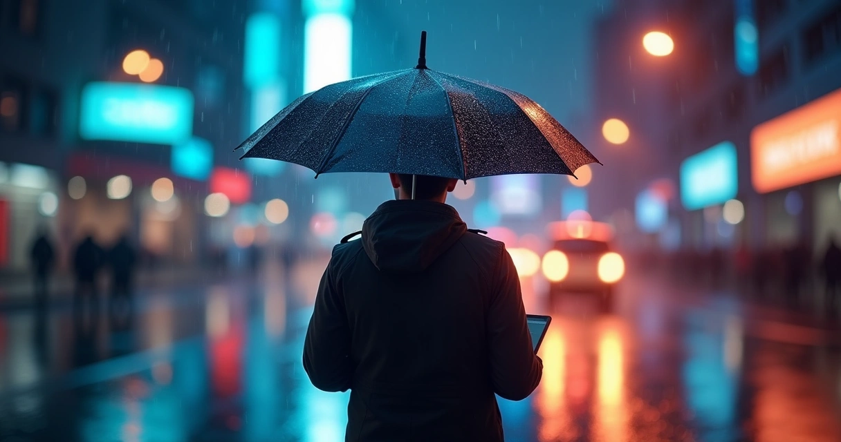 Profissional autônomo sob guarda-chuva colorido em rua chuvosa com reflexos neon 