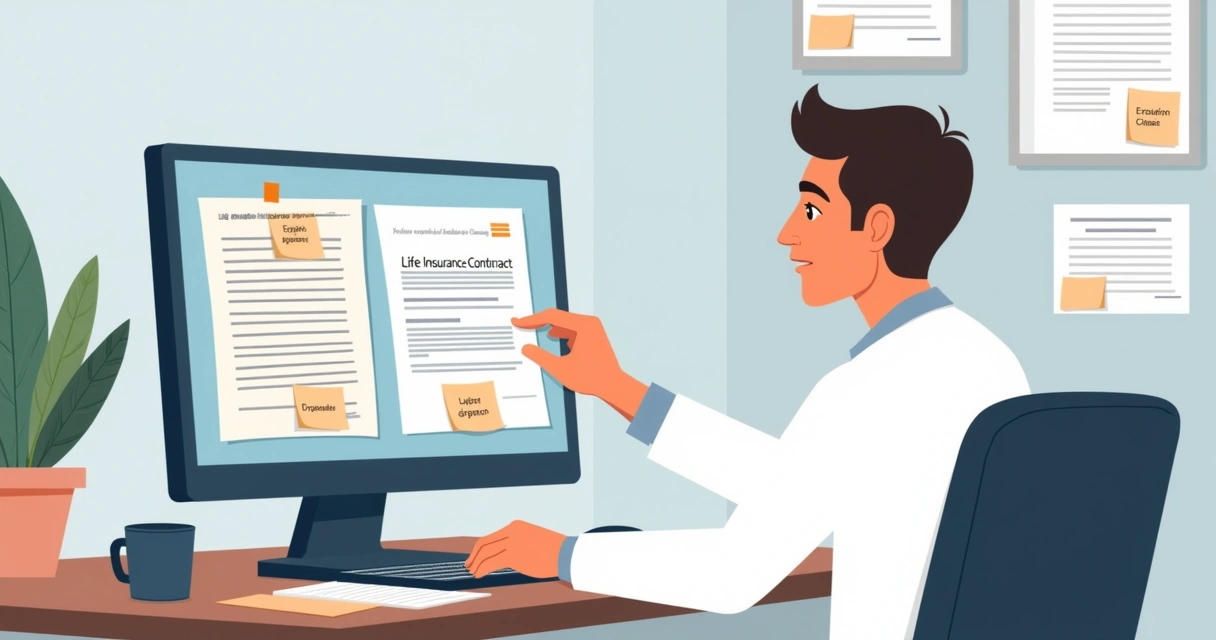 Profissional autônomo lendo contrato de seguro de vida no computador 