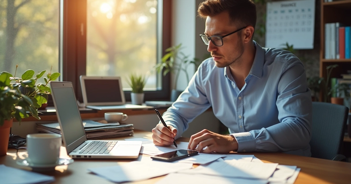 Autónomo trabajando en su oficina con documentos y ordenador portátil 