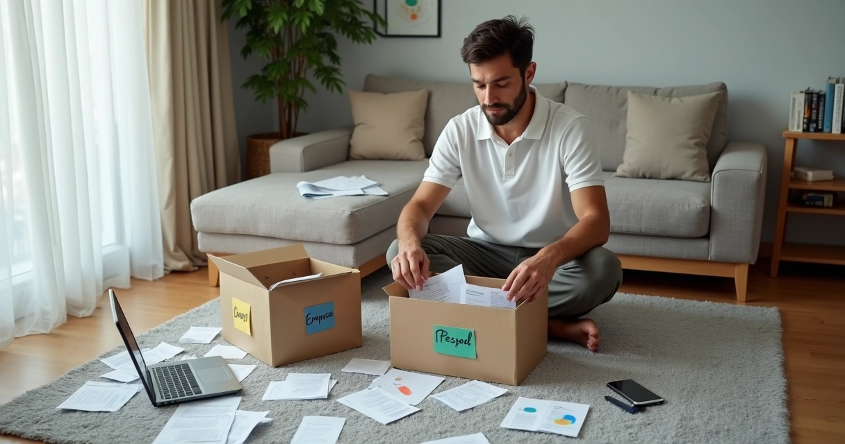 Autônomo organizando caixas marcadas como pessoal e empresa no chão do escritório 