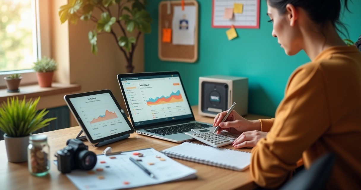 Profissional autônomo organiza finanças em mesa cheia de itens de trabalho e gráficos digitais ao fundo 