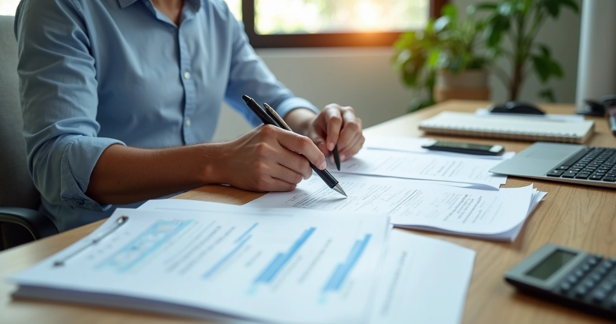 Profissional revisando apólice e custos no escritório 