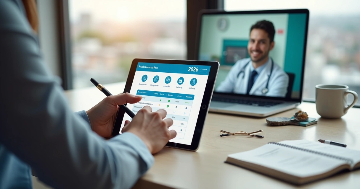 Profissional autônomo revendo plano de saúde digital com médica em teleconsulta 
