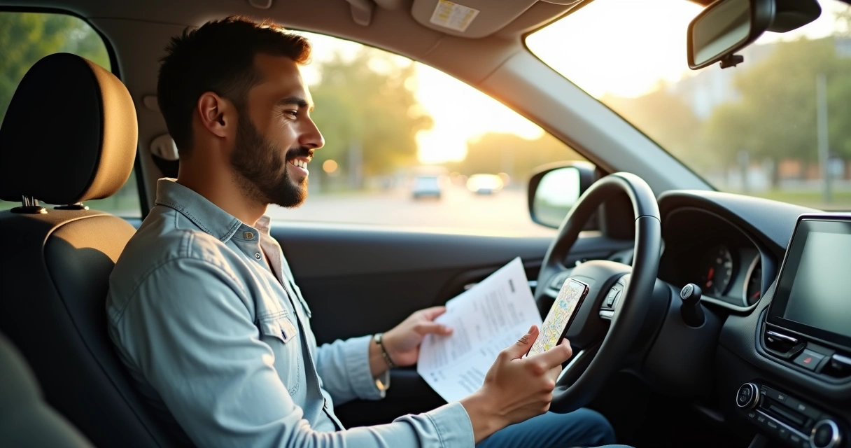 Motorista de aplicativo organizando papéis em seu carro estacionado 