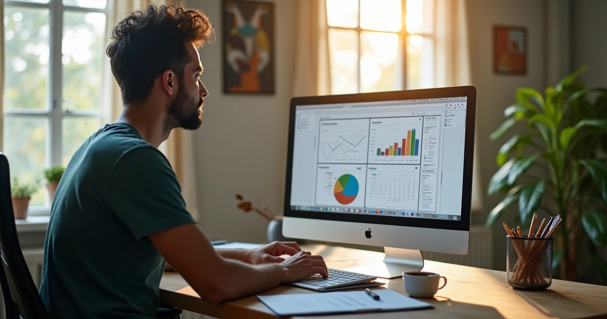 Autônomo trabalhando em home office com ferramentas de trabalho e gráficos de seguro na tela 
