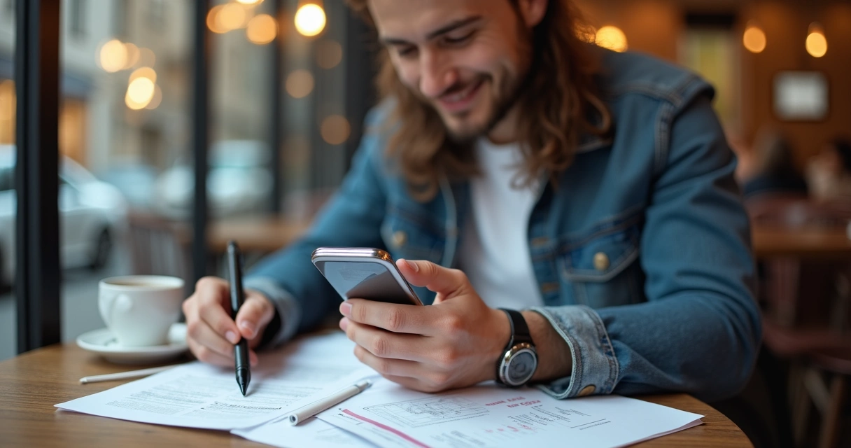 Microempreendedor usando sistema contábil no celular em cafeteria 