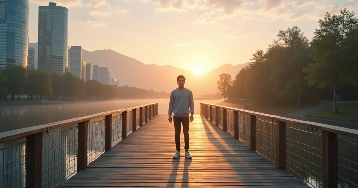 Person on a bridge between city and nature symbolizing autonomy and connection 