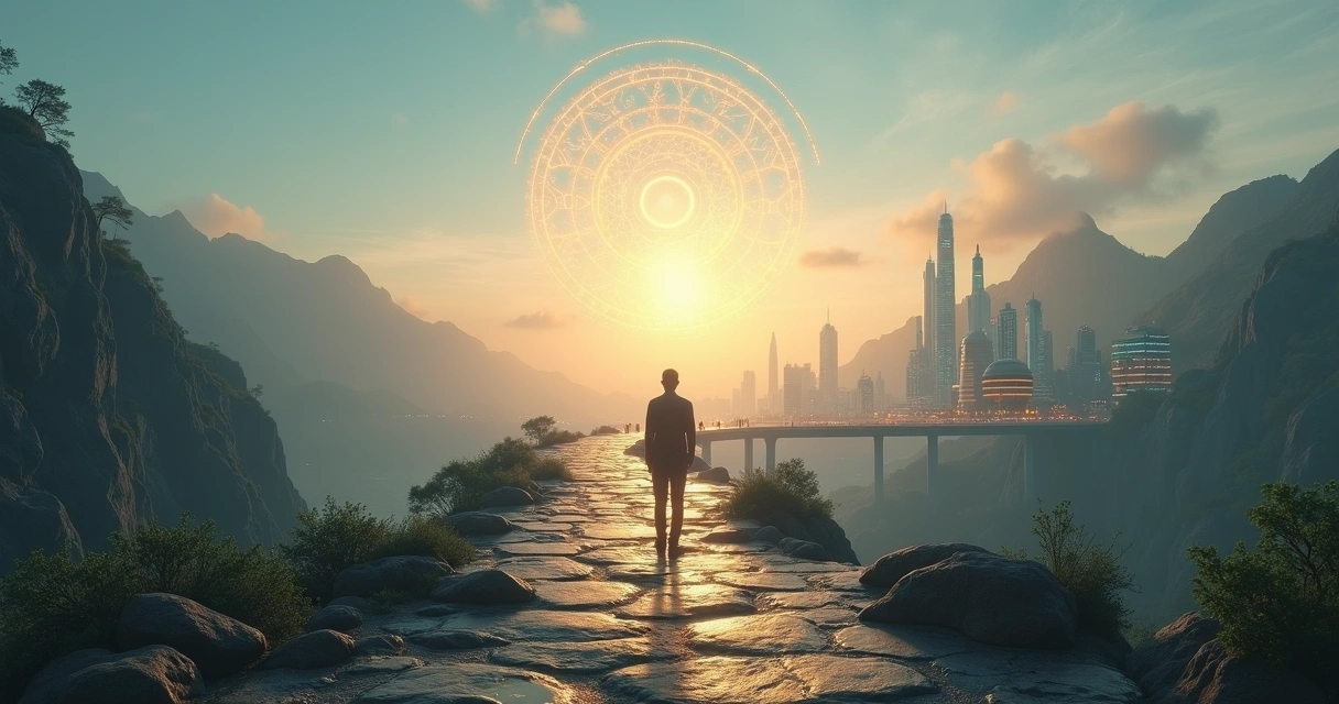 Person standing at a crossroads between isolation and connected city of light 