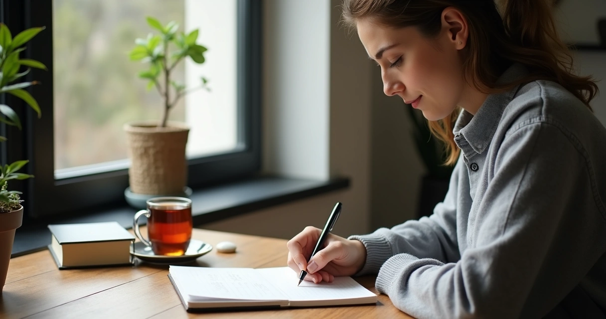 Pessoa escrevendo em diário com expressão reflexiva