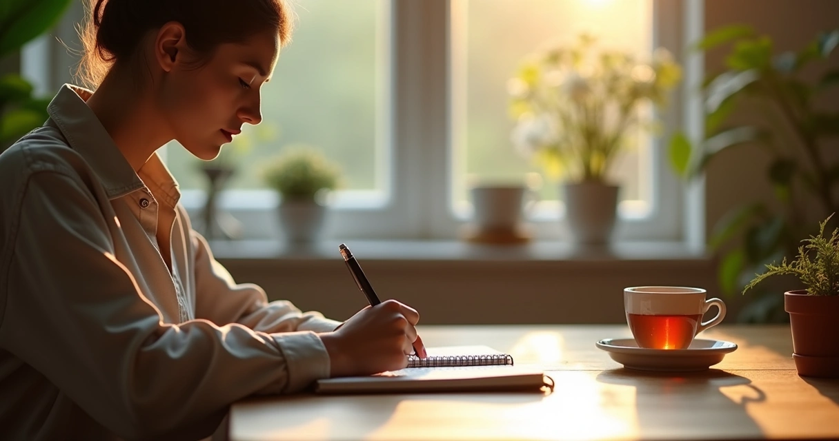 Pessoa anotando reflexões em caderno aberto 
