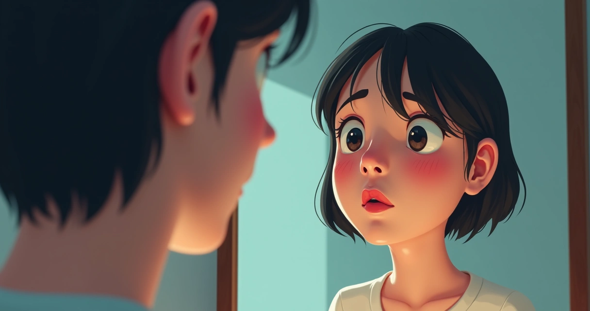 Pessoa olhando seu próprio reflexo no espelho, metade do rosto expressando curiosidade e a outra metade expressão de julgamento 