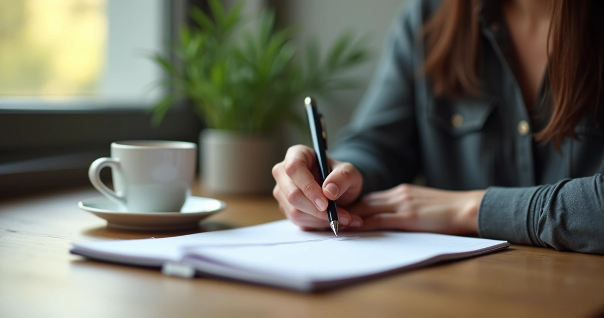 Pessoa escrevendo em bloco de notas com expressão de reflexão 