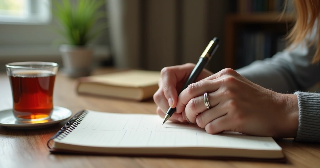 Pessoa escrevendo em caderno na mesa com ambiente tranquilo
