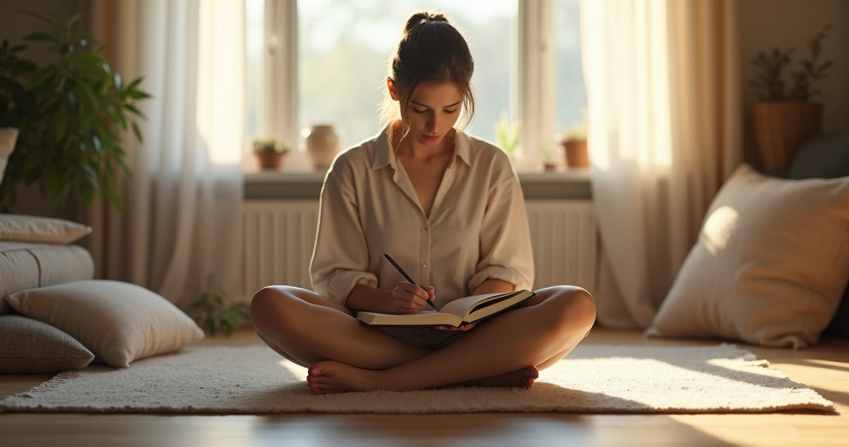 Pessoa sentada com caderno, refletindo em ambiente tranquilo 