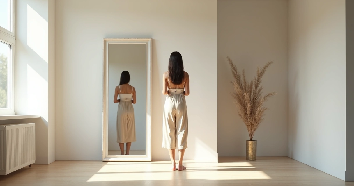Pessoa em frente a um espelho, em um ambiente claro e tranquilo, praticando auto-observação.