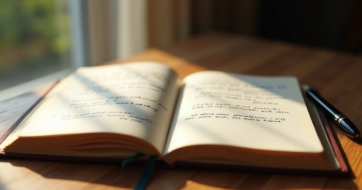 Caderno de anotações aberto com caneta ao lado, mostrando anotações manuscritas 