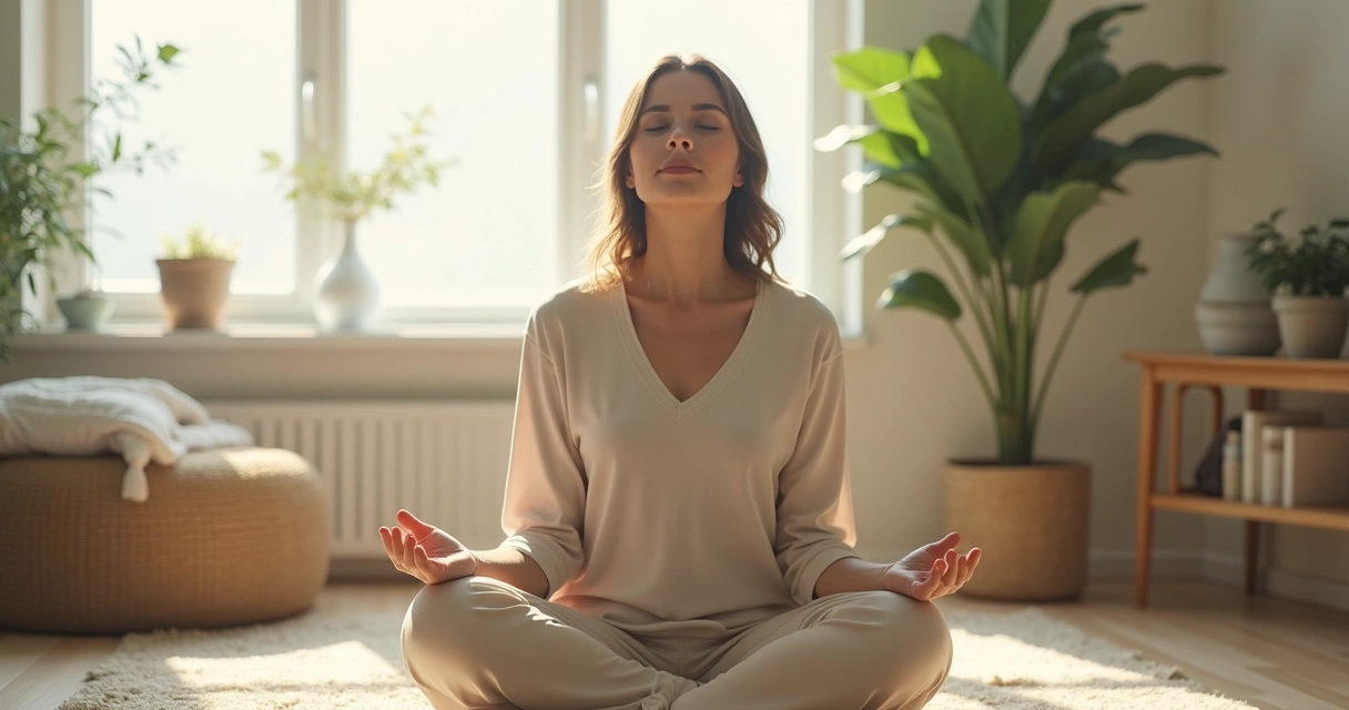 Pessoa sentada de olhos fechados, praticando autoobservação em um ambiente calmo com luz natural. 
