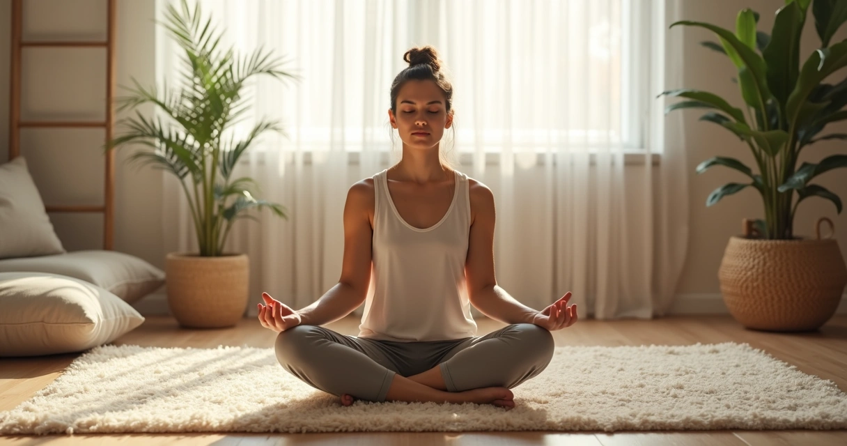 Pessoa sentada em postura meditativa em ambiente acolhedor 