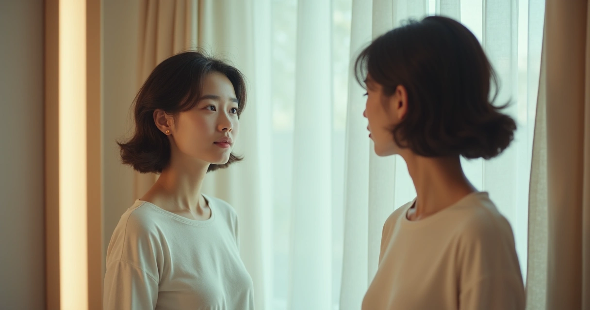 Pessoa sozinha olhando para um espelho com expressão serena, sugerindo auto-observação emocional