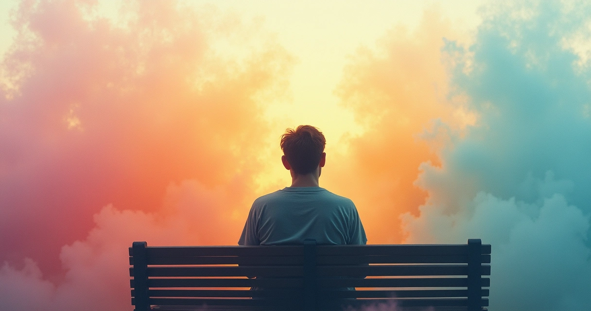 Pessoa sentada em um banco observando seus próprios sentimentos com um fundo abstrato e sereno 
