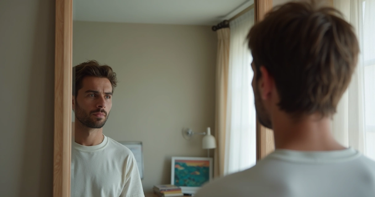 Pessoa adulta observando emoções em espelho com reflexo de diferentes expressões 