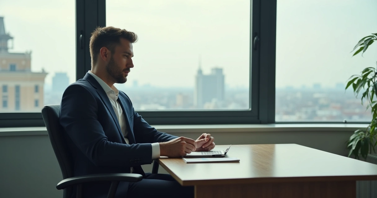 Homem sentado em escritório refletindo enquanto segura um bloco de notas, expressão pensativa 