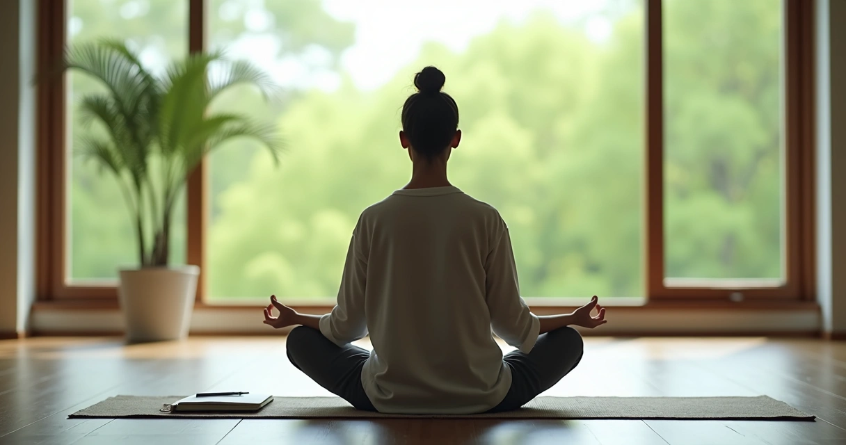 Pessoa sentada em posição de meditação diante de janela, contemplando e refletindo 