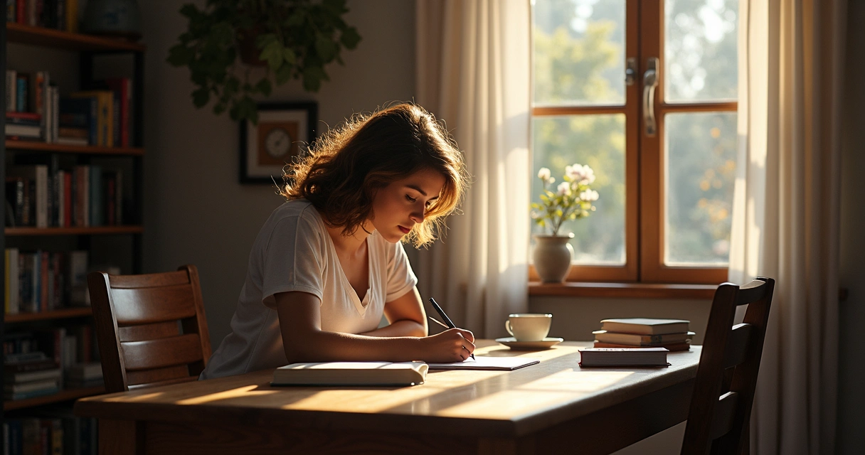 Pessoa escrevendo reflexões em um caderno