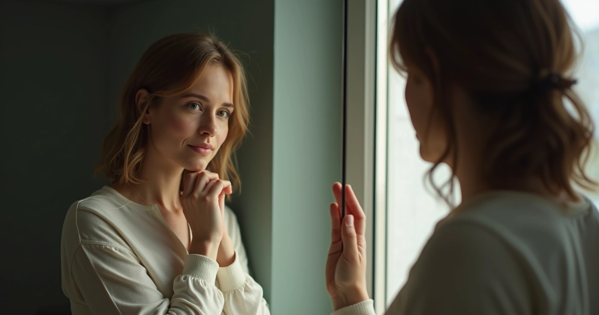 Pessoa olhando para o reflexo no espelho pensativo. 