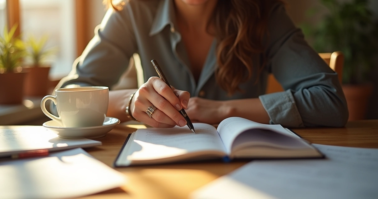 Pessoa sentada refletindo com bloco de notas e xícara de café 