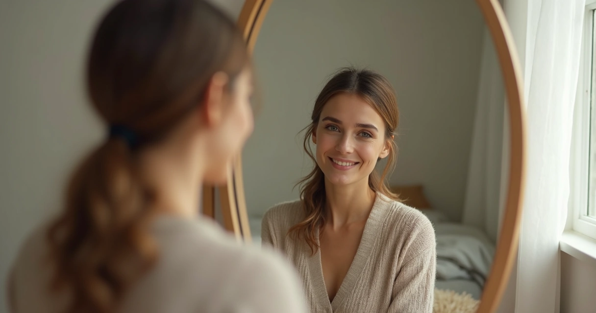 Mulher olhando para um espelho, refletindo e sorrindo, ambiente calmo ao fundo.