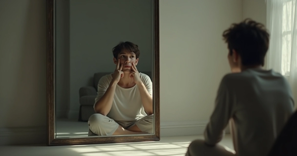 Pessoa olhando para si mesma em espelho, fundo borrado, expressão reflexiva 