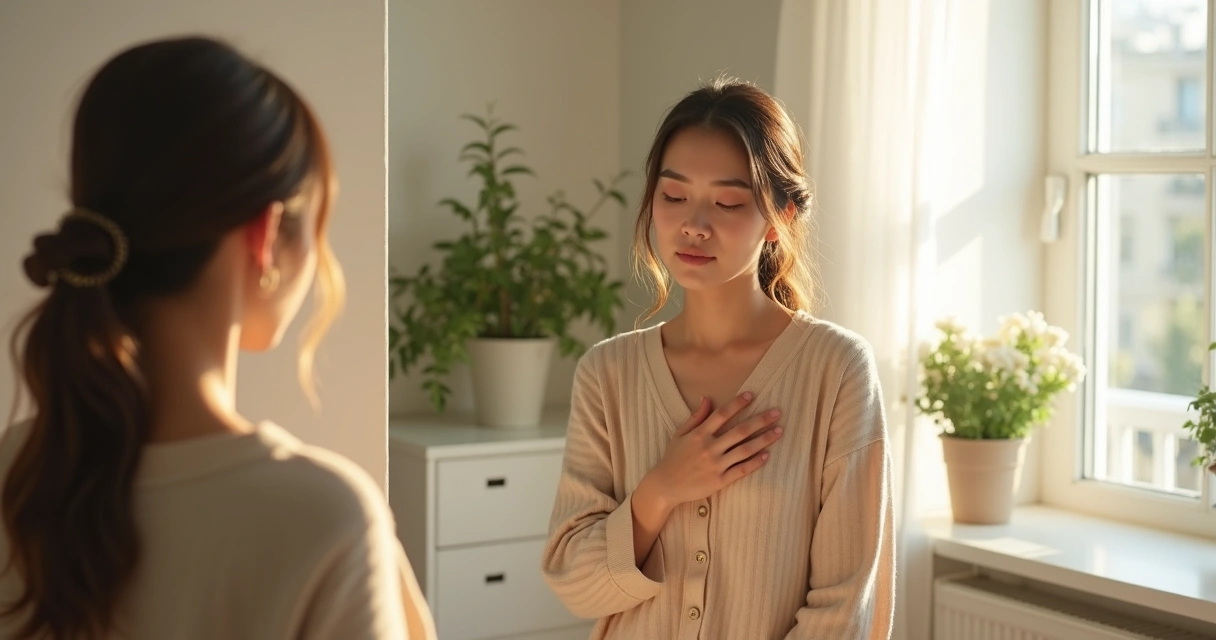 Mulher olhando para o próprio reflexo no espelho, mão tocando o peito, expressão serena, quarto iluminado por luz natural 