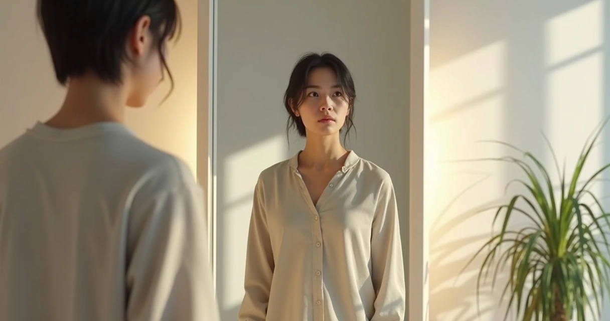 Pessoa olhando para o próprio reflexo em espelho, simbolizando autoconhecimento 