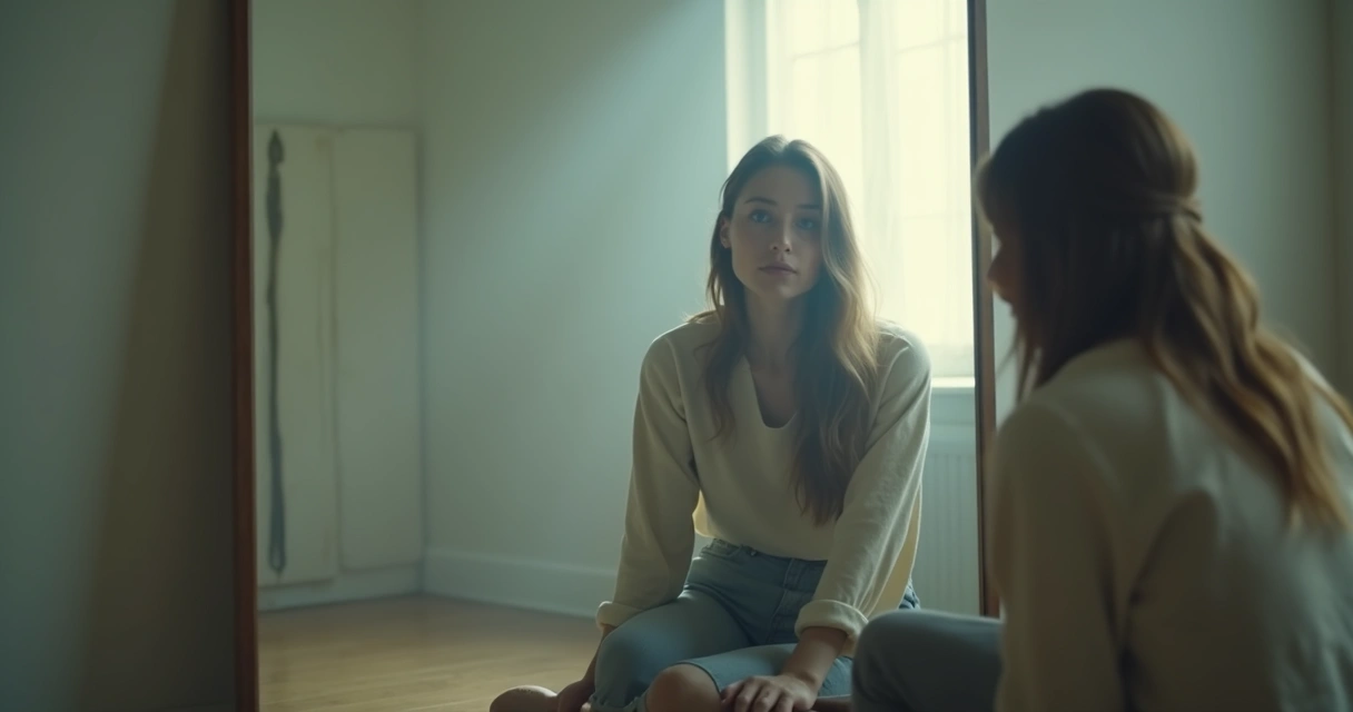 Pessoa em reflexão diante de espelho simples em ambiente sereno 